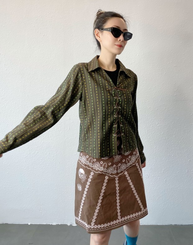 Green Patterned Lace Up Shirt #250410